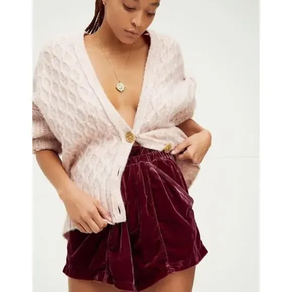 Free People At First Sight Velvet Paperbag Shorts High Rise Red Wine Burgundy XS - Picture 3 of 12